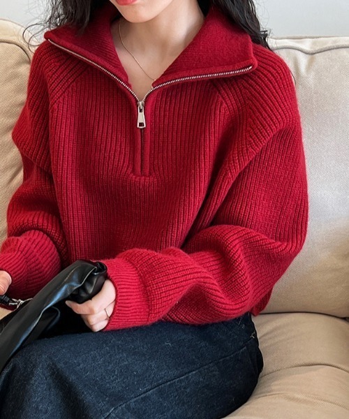 Vipoa（ヴィポア）の「シンプルハーフジップニット（ニット/セーター・レディース・ブラック/レッド/ブラウン/ホワイト・FREE）」の16枚目の写真