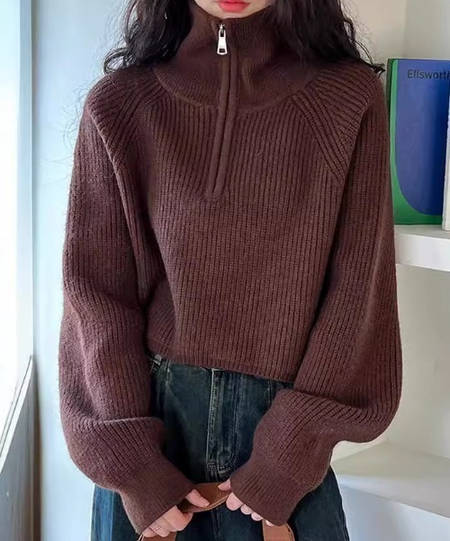 Vipoa（ヴィポア）の「シンプルハーフジップニット（ニット/セーター・レディース・ブラック/レッド/ブラウン/ホワイト・FREE）」の9枚目の写真