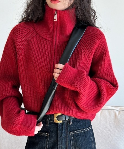 Vipoa（ヴィポア）の「シンプルハーフジップニット（ニット/セーター・レディース・ブラック/レッド/ブラウン/ホワイト・FREE）」の13枚目の写真