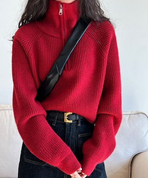 Vipoa（ヴィポア）の「シンプルハーフジップニット（ニット/セーター・レディース・ブラック/レッド/ブラウン/ホワイト・FREE）」の12枚目の写真