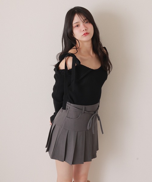 asymmetry ribbon knit tops/オフショルダーアシンメトリー
