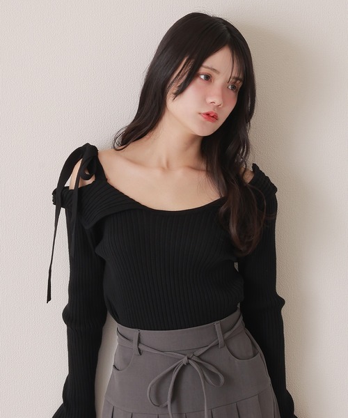 asymmetry ribbon knit tops/オフショルダーアシンメトリー