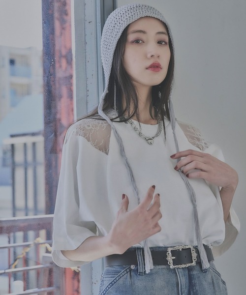 HARE(ハレ)の「レースキリカエTシャツ(HARE)(Tシャツ/カットソー・レディース・ホワイト/ブラック/ブルー/ブラック系その他/ブラック系その他2/ボルドー/オフホワイト/グレー・FREE)」の20枚目の写真