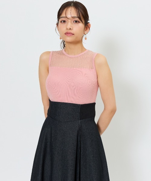 AND COUTURE(アンドクチュール)の「シアー切替ノースリトップス(ニット/セーター・レディース・ライトグレー/オフホワイト/ピンク/ベージュ/ブラック・FREE)」の1枚目の写真