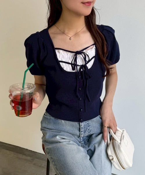 one after another NICE CLAUP(ワンアフターアナザーナイスクラップ)の「レイヤードニットセットアップ(ワンピース・レディース・ブラック/ベージュ/ネイビー・FREE)」の15枚目の写真