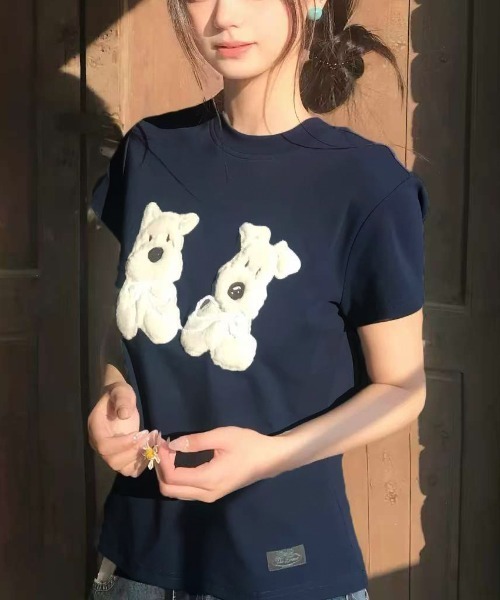 世界の セール】【新作】クマモチーフ ネイビーティーシャツ（Tシャツ トップス