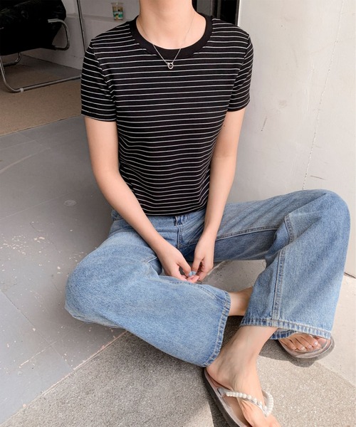 BANICO（バニコ）の「細ボーダーフィットTシャツ (SS)（Tシャツ/カットソー・レディース・ブラック/ホワイト/ダークグレー・LARGE/MEDIUM）」の14枚目の写真