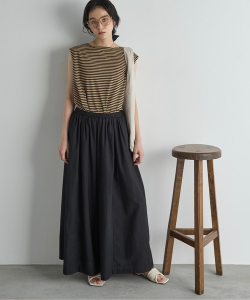 【 7/10 20:00START！ SUMMER SALE 】Maglia Plus(マリア プラス)　リネン ストライプ ワイドフレアーパンツ マリアプラス ツータック ワイドパンツ Maglia Plus レディース