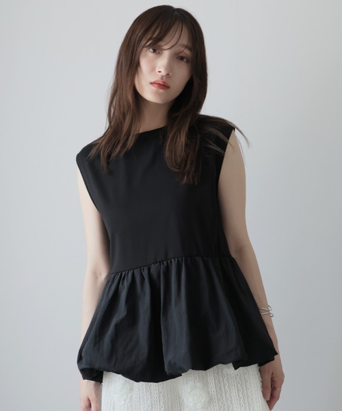 Girly Doll(ガーリードール)の「バルーンペプラムフレンチTシャツ(タンクトップ・レディース・ブラック/オフホワイト/チャコール・M)」の1枚目の写真