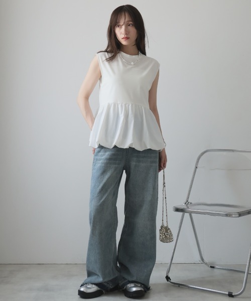 Girly Doll(ガーリードール)の「バルーンペプラムフレンチTシャツ(タンクトップ・レディース・ブラック/オフホワイト/チャコール・M)」の6枚目の写真