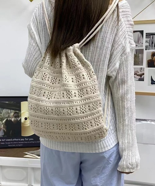 ナップサック　リュックサック　編み物　ブラック ナップサック リュックサック 編み物 ブラック - メルカリ