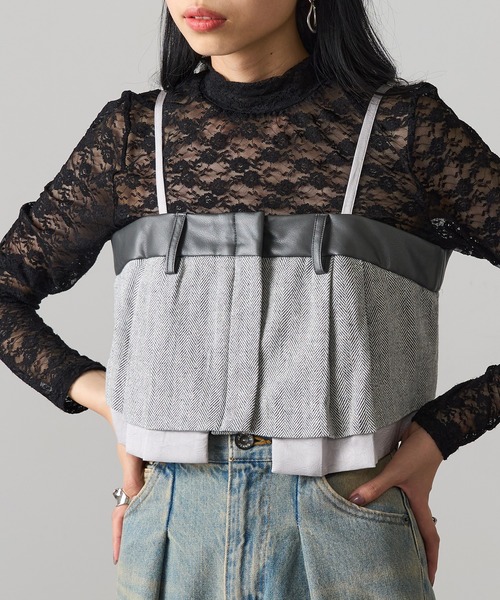 MAGASIN DE MODE Onjna(マガジンデモードオンジェナ )の「【MAGASIN DE MODE Onjna】バリアスパターンビスチェ ツイード フェイクレザー trc(キャミソール・レディース・ブラウン/ブラック/グレー・FREE)」の1枚目の写真