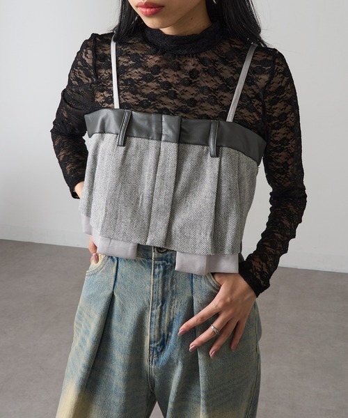 MAGASIN DE MODE Onjna(マガジンデモードオンジェナ )の「【MAGASIN DE MODE Onjna】バリアスパターンビスチェ ツイード フェイクレザー trc(キャミソール・レディース・ブラウン/ブラック/グレー・FREE)」の4枚目の写真