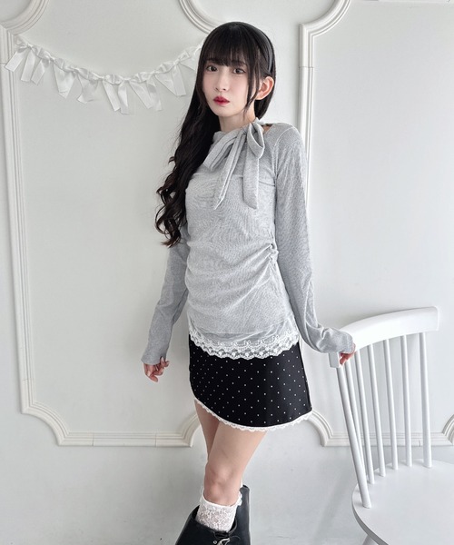 Loueme(ルエム)の「裾レースリボンリブトップス(Tシャツ/カットソー・レディース・グレー/アイボリー・FREE)」の3枚目の写真