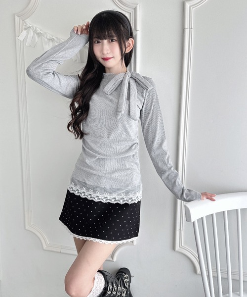Loueme(ルエム)の「裾レースリボンリブトップス(Tシャツ/カットソー・レディース・グレー/アイボリー・FREE)」の6枚目の写真