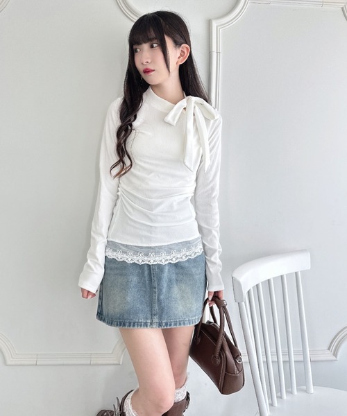 Loueme(ルエム)の「裾レースリボンリブトップス(Tシャツ/カットソー・レディース・グレー/アイボリー・FREE)」の11枚目の写真