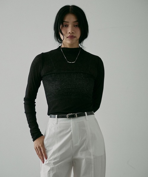 NUJOH（ヌゾ）の「Sheer Rib High Neck Top / シアーリブハイネックトップス（Tシャツ/カットソー・レディース・ブラック/アイボリー・FREE）」の9枚目の写真