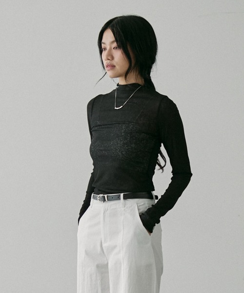 NUJOH（ヌゾ）の「Sheer Rib High Neck Top / シアーリブハイネックトップス（Tシャツ/カットソー・レディース・ブラック/アイボリー・FREE）」の8枚目の写真