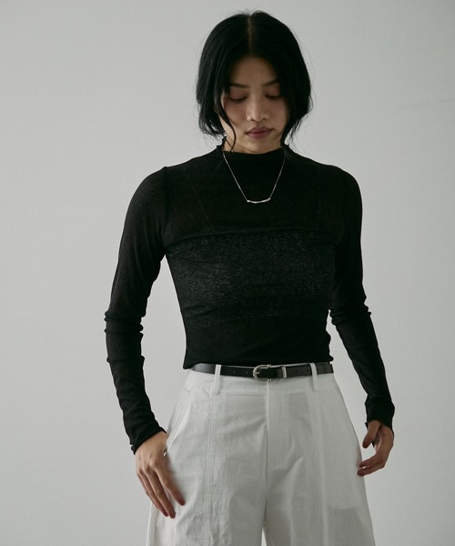 NUJOH（ヌゾ）の「Sheer Rib High Neck Top / シアーリブハイネックトップス（Tシャツ/カットソー・レディース・ブラック/アイボリー・FREE）」の6枚目の写真