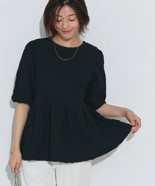 Pierrot（ピエロ）の「ふくれジャカードウエストタックトップス（Tシャツ/カットソー・レディース・ブラック/オフホワイト・L/M）」の7枚目の写真
