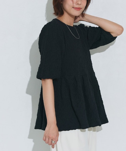 Pierrot（ピエロ）の「ふくれジャカードウエストタックトップス（Tシャツ/カットソー・レディース・ブラック/オフホワイト・L/M）」の8枚目の写真