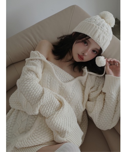 ケーブルDDロゴVネックニットフーディ（パーカー）｜Darich