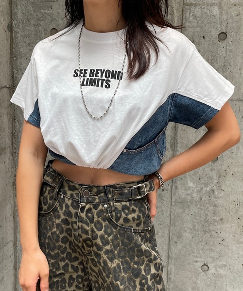 ROGER AND RAW（ロジャーアンドロウ）の「デニム切替ドロストショートTシャツ（Tシャツ/カットソー・レディース・スミクロ/ホワイト/ブラック・FREE）」の2枚目の写真