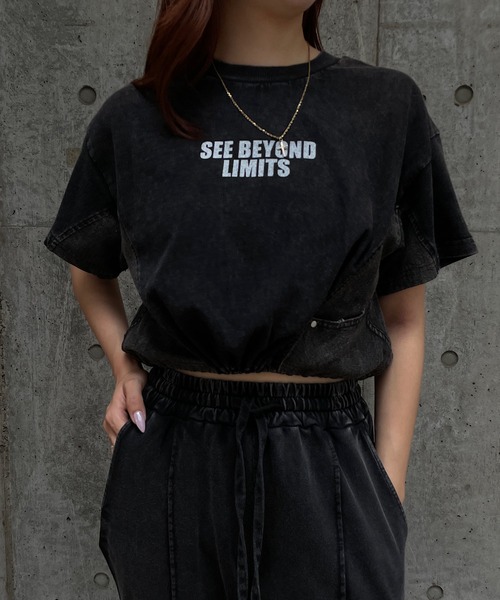 ROGER AND RAW（ロジャーアンドロウ）の「デニム切替ドロストショートTシャツ（Tシャツ/カットソー・レディース・スミクロ/ホワイト/ブラック・FREE）」の3枚目の写真
