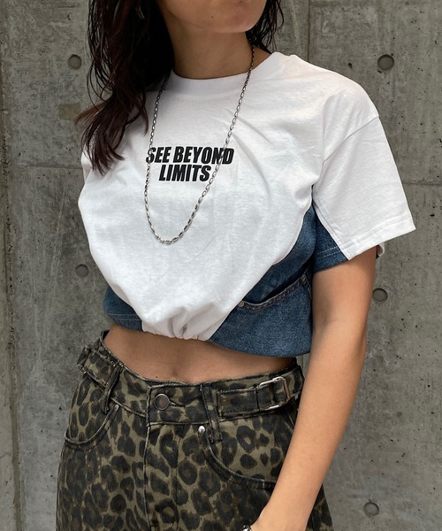 ROGER AND RAW（ロジャーアンドロウ）の「デニム切替ドロストショートTシャツ（Tシャツ/カットソー・レディース・スミクロ/ホワイト/ブラック・FREE）」の5枚目の写真