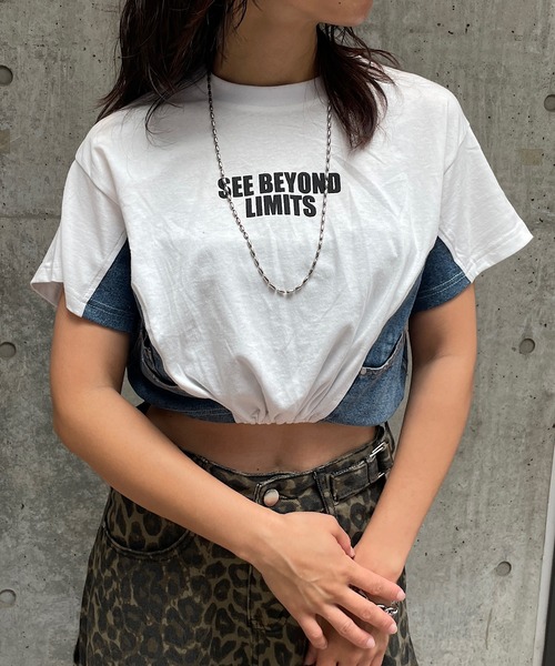 ROGER AND RAW（ロジャーアンドロウ）の「デニム切替ドロストショートTシャツ（Tシャツ/カットソー・レディース・スミクロ/ホワイト/ブラック・FREE）」の6枚目の写真