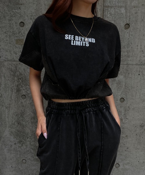 ROGER AND RAW（ロジャーアンドロウ）の「デニム切替ドロストショートTシャツ（Tシャツ/カットソー・レディース・スミクロ/ホワイト/ブラック・FREE）」の10枚目の写真