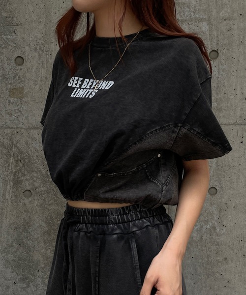 ROGER AND RAW（ロジャーアンドロウ）の「デニム切替ドロストショートTシャツ（Tシャツ/カットソー・レディース・スミクロ/ホワイト/ブラック・FREE）」の11枚目の写真