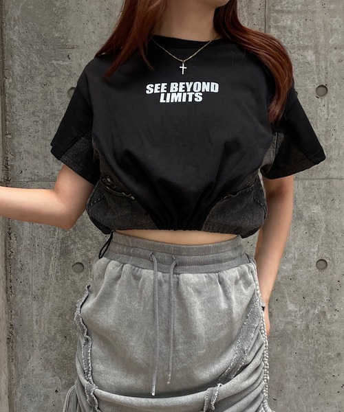 ROGER AND RAW（ロジャーアンドロウ）の「デニム切替ドロストショートTシャツ（Tシャツ/カットソー・レディース・スミクロ/ホワイト/ブラック・FREE）」の17枚目の写真