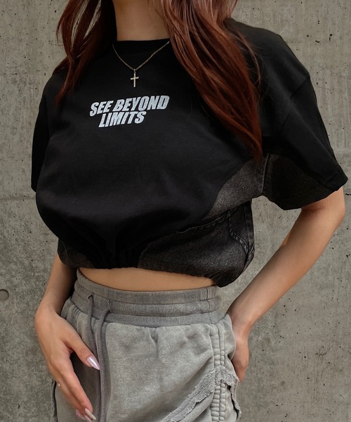 ROGER AND RAW（ロジャーアンドロウ）の「デニム切替ドロストショートTシャツ（Tシャツ/カットソー・レディース・スミクロ/ホワイト/ブラック・FREE）」の16枚目の写真