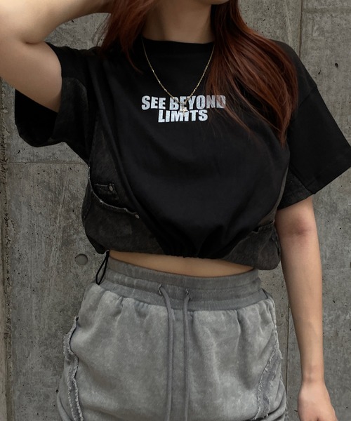 ROGER AND RAW（ロジャーアンドロウ）の「デニム切替ドロストショートTシャツ（Tシャツ/カットソー・レディース・スミクロ/ホワイト/ブラック・FREE）」の19枚目の写真