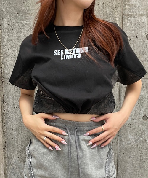ROGER AND RAW（ロジャーアンドロウ）の「デニム切替ドロストショートTシャツ（Tシャツ/カットソー・レディース・スミクロ/ホワイト/ブラック・FREE）」の20枚目の写真