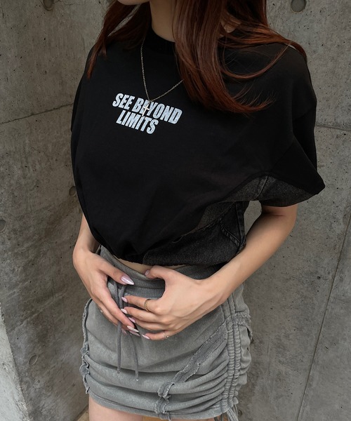 ROGER AND RAW（ロジャーアンドロウ）の「デニム切替ドロストショートTシャツ（Tシャツ/カットソー・レディース・スミクロ/ホワイト/ブラック・FREE）」の22枚目の写真