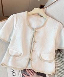 ampm（エーエムピーエム）の「配色ツイード風ショートジャケット／半袖／ノーカラー／フロントポケット付き（ノーカラージャケット）」