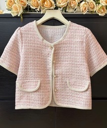 ampm（エーエムピーエム）の「配色ツイード風ショートジャケット／半袖／ノーカラー／フロントポケット付き（ノーカラージャケット）」