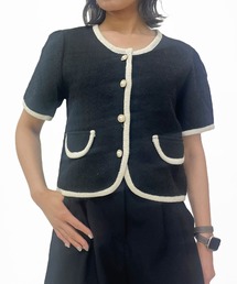 ampm（エーエムピーエム）の「配色ツイード風ショートジャケット／半袖／ノーカラー／フロントポケット付き（ノーカラージャケット）」