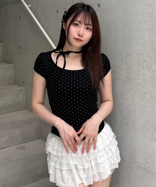 Lae(レイ)の「ドットリボンパフスリーブTシャツ(Tシャツ/カットソー・レディース・アイボリー/ブラック・MEDIUM/SMALL)」の2枚目の写真