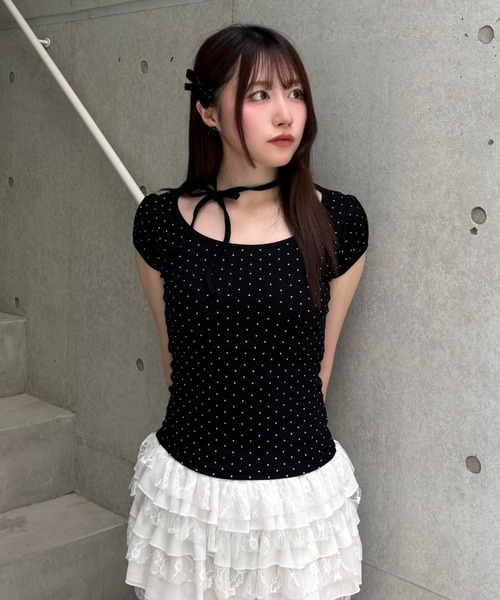 Lae(レイ)の「ドットリボンパフスリーブTシャツ(Tシャツ/カットソー・レディース・アイボリー/ブラック・MEDIUM/SMALL)」の3枚目の写真
