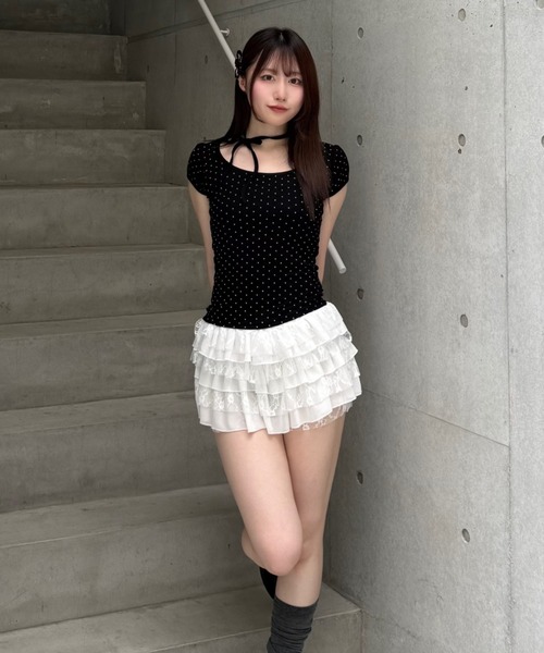 Lae(レイ)の「ドットリボンパフスリーブTシャツ(Tシャツ/カットソー・レディース・アイボリー/ブラック・MEDIUM/SMALL)」の4枚目の写真
