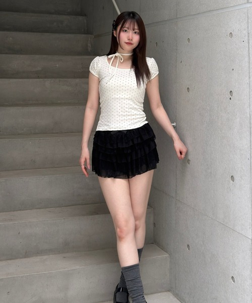 Lae(レイ)の「ドットリボンパフスリーブTシャツ(Tシャツ/カットソー・レディース・アイボリー/ブラック・MEDIUM/SMALL)」の8枚目の写真