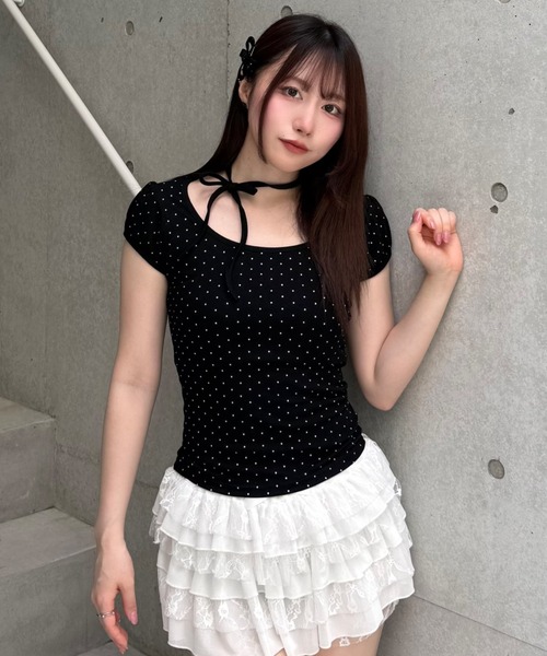 Lae(レイ)の「ドットリボンパフスリーブTシャツ(Tシャツ/カットソー・レディース・アイボリー/ブラック・MEDIUM/SMALL)」の9枚目の写真