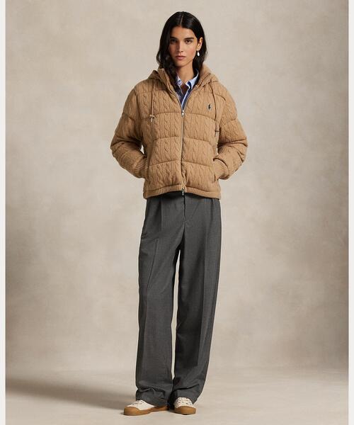 RALPH LAUREN ウールジャケット 袖ニット 切替え ブラウン 7 ケーブルニット ウールカシミヤ キルテッド ジャケット（その他