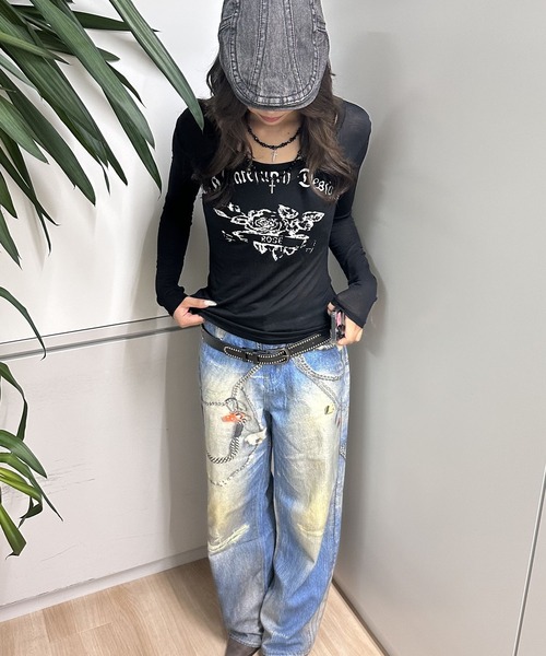 Judin（ジュディン）の「Denim print wide pants【JD】（デニムパンツ・レディース・ブルー・S/M）」の2枚目の写真