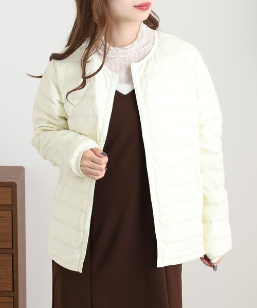 OMNES（オムネス）の「高密度ナイロンインナーダウンノーカラージャケット（ダウンジャケット/コート・レディース・アイボリー/カーキ/キャメル/ベージュ/ネイビー・WOMENS L/WOMENS M）」の7枚目の写真