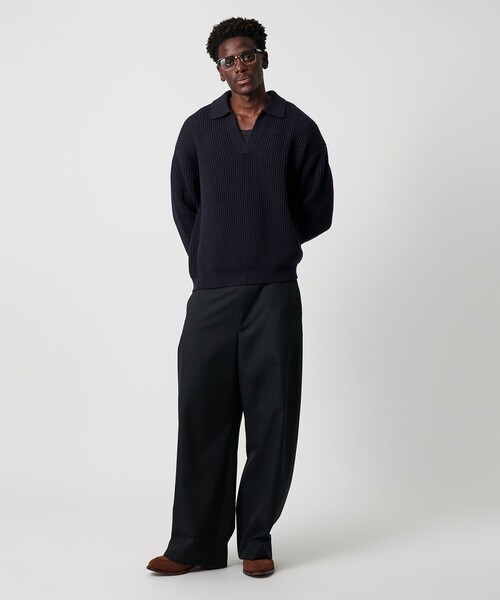 OWNESS フレンチ ウール アゼ スキッパー ニット ネイビー セール】＜OWNESS＞フレンチ ウール アゼ スキッパー ニット（ニット