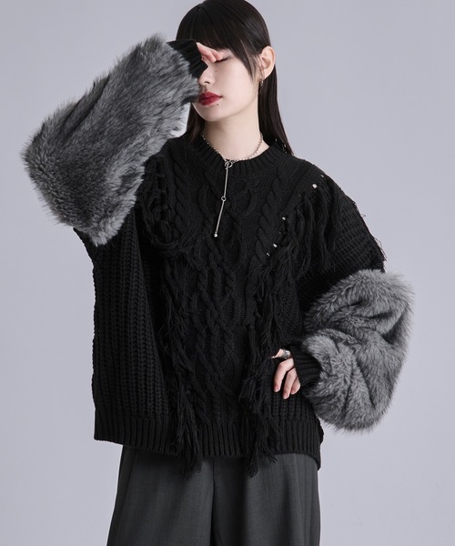 Ellno Loset（エルノロゼット）の「ソデファーケーブルキリカエニット（ニット/セーター・メンズ・チャコール/ブラック・SMALL/MEDIUM/LARGE）」の13枚目の写真